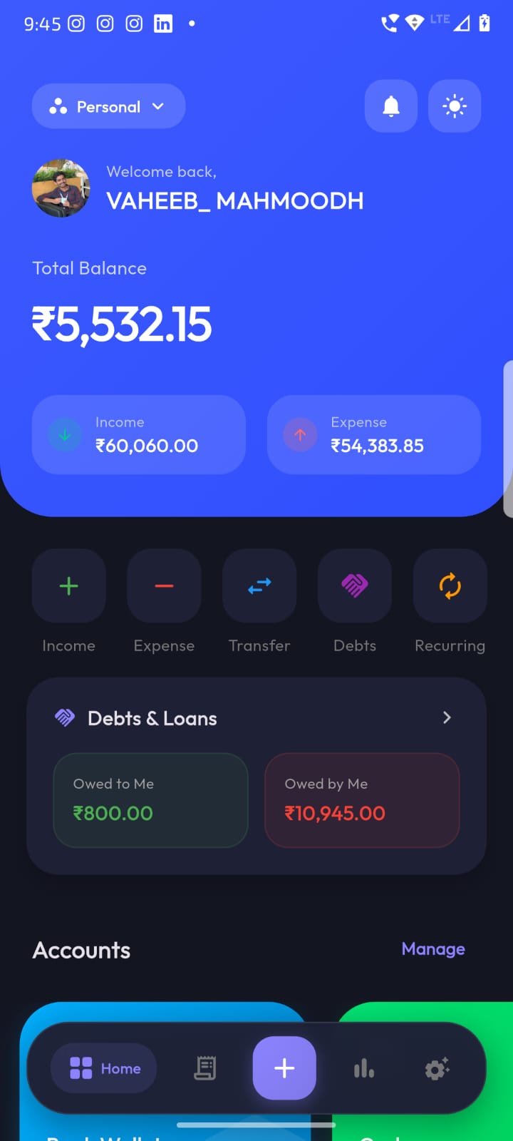 Dashboard screen