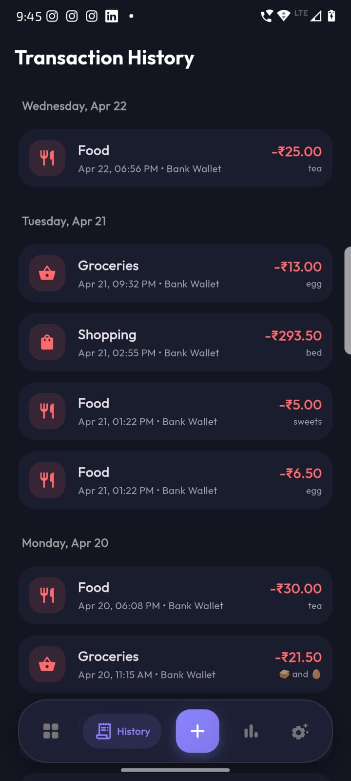 Transaction history